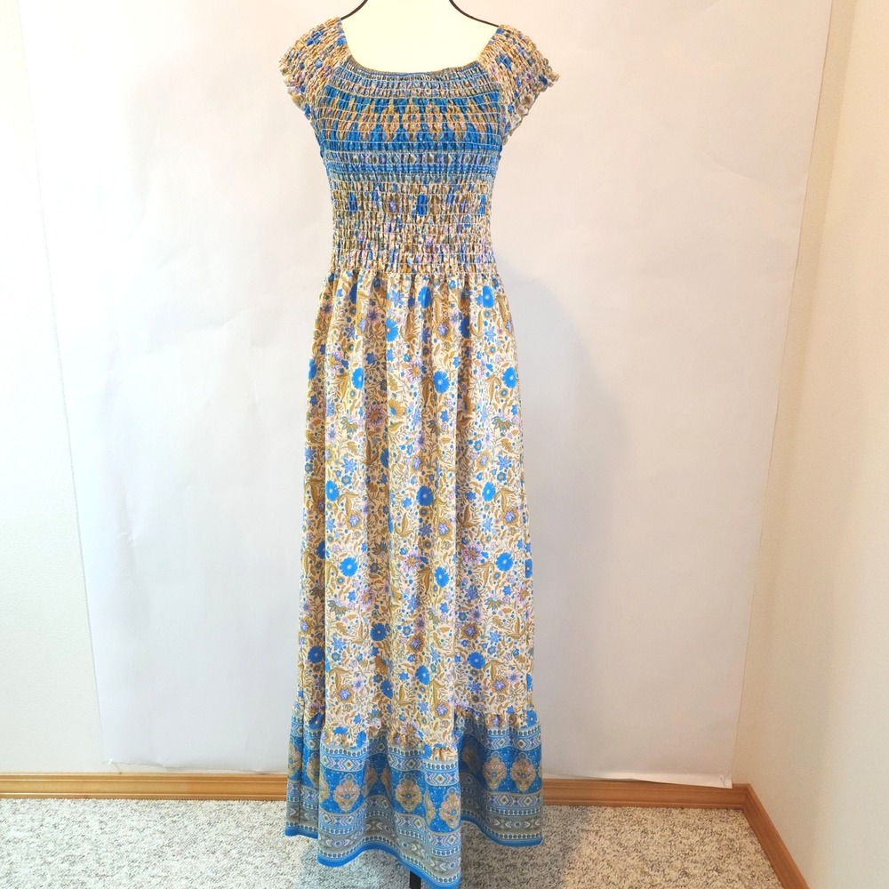 Seven Islands Blue Floral Smocked Maxi Dress XL Boho Peasant Ruffle Tiered Hem